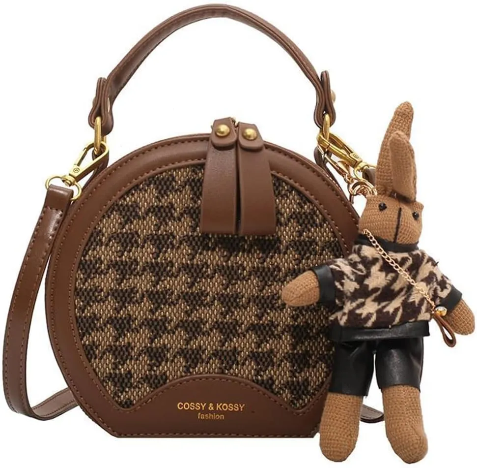 RTGGSEL Quilted Lattice Crossbody Shoulder Bags for Women Small Tote Square Satchel Handbags Purse with Bunny Doll Pendant
