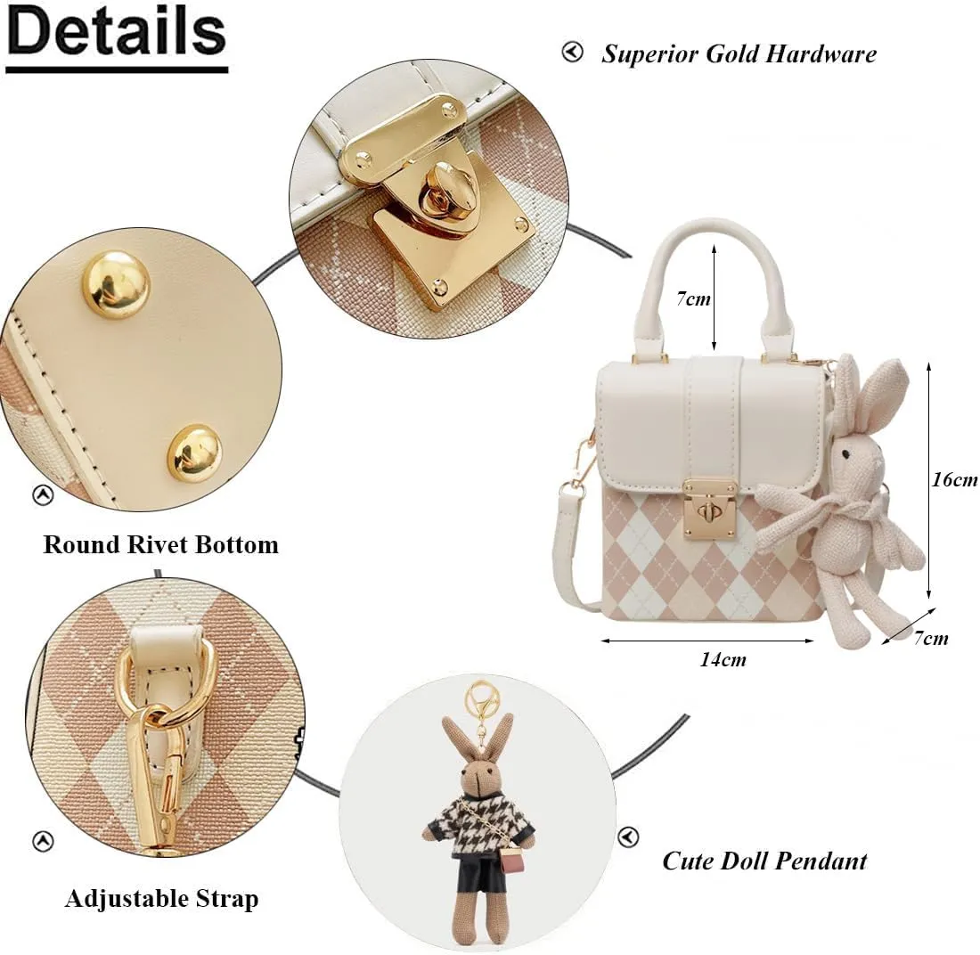 RTGGSEL Quilted Lattice Crossbody Shoulder Bags for Women Small Tote Square Satchel Handbags Purse with Bunny Doll Pendant