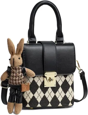 RTGGSEL Quilted Lattice Crossbody Shoulder Bags for Women Small Tote Square Satchel Handbags Purse with Bunny Doll Pendant