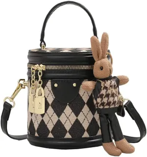 RTGGSEL Quilted Lattice Crossbody Shoulder Bags for Women Small Tote Square Satchel Handbags Purse with Bunny Doll Pendant