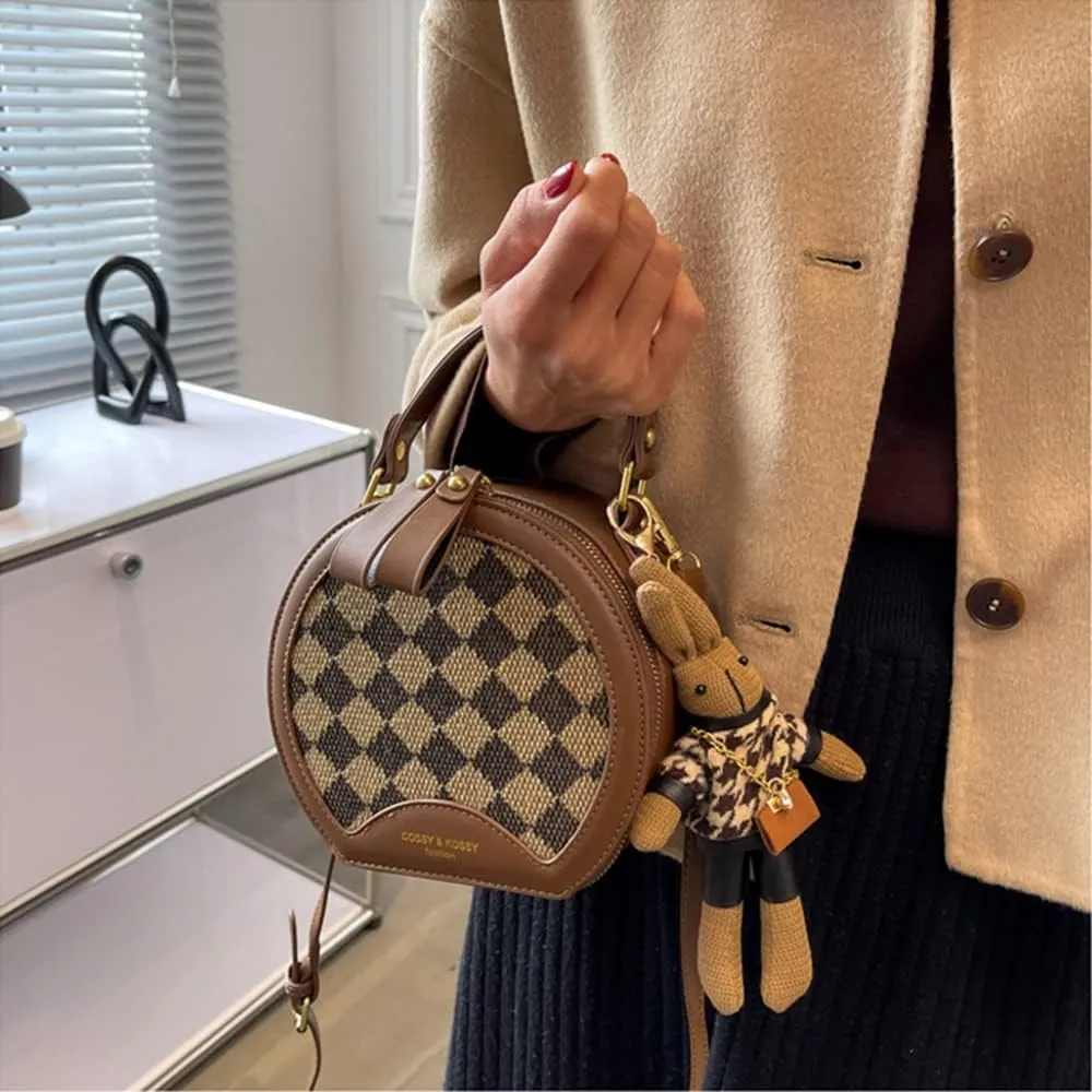 RTGGSEL Quilted Lattice Crossbody Shoulder Bags for Women Small Tote Square Satchel Handbags Purse with Bunny Doll Pendant