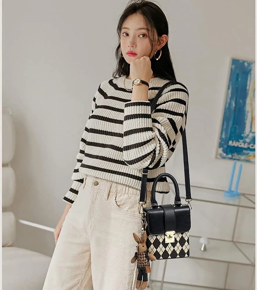 RTGGSEL Quilted Lattice Crossbody Shoulder Bags for Women Small Tote Square Satchel Handbags Purse with Bunny Doll Pendant