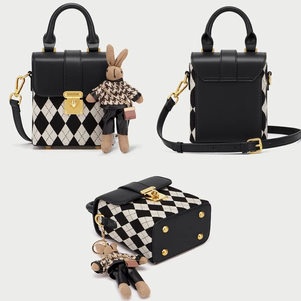RTGGSEL Quilted Lattice Crossbody Shoulder Bags for Women Small Tote Square Satchel Handbags Purse with Bunny Doll Pendant
