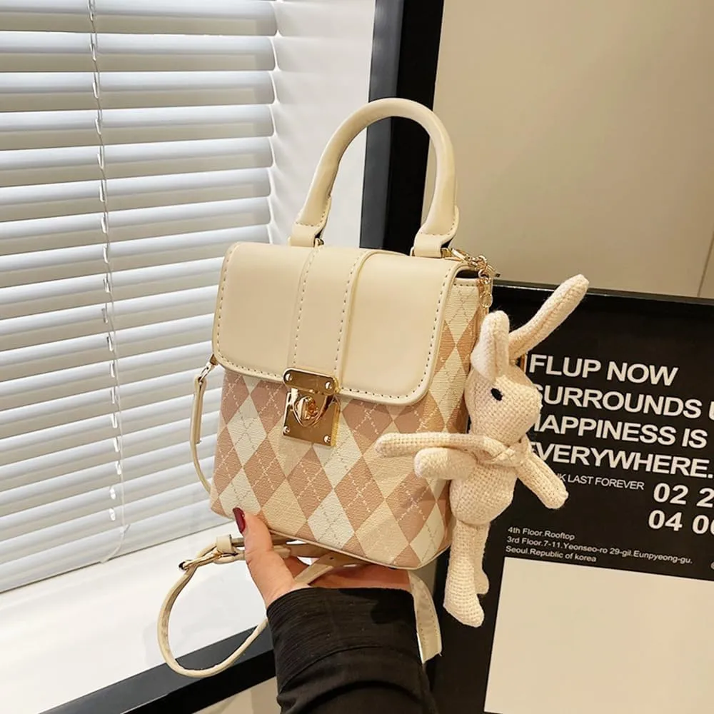 RTGGSEL Quilted Lattice Crossbody Shoulder Bags for Women Small Tote Square Satchel Handbags Purse with Bunny Doll Pendant