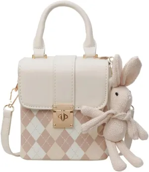 RTGGSEL Quilted Lattice Crossbody Shoulder Bags for Women Small Tote Square Satchel Handbags Purse with Bunny Doll Pendant
