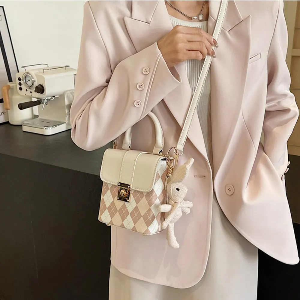 RTGGSEL Quilted Lattice Crossbody Shoulder Bags for Women Small Tote Square Satchel Handbags Purse with Bunny Doll Pendant