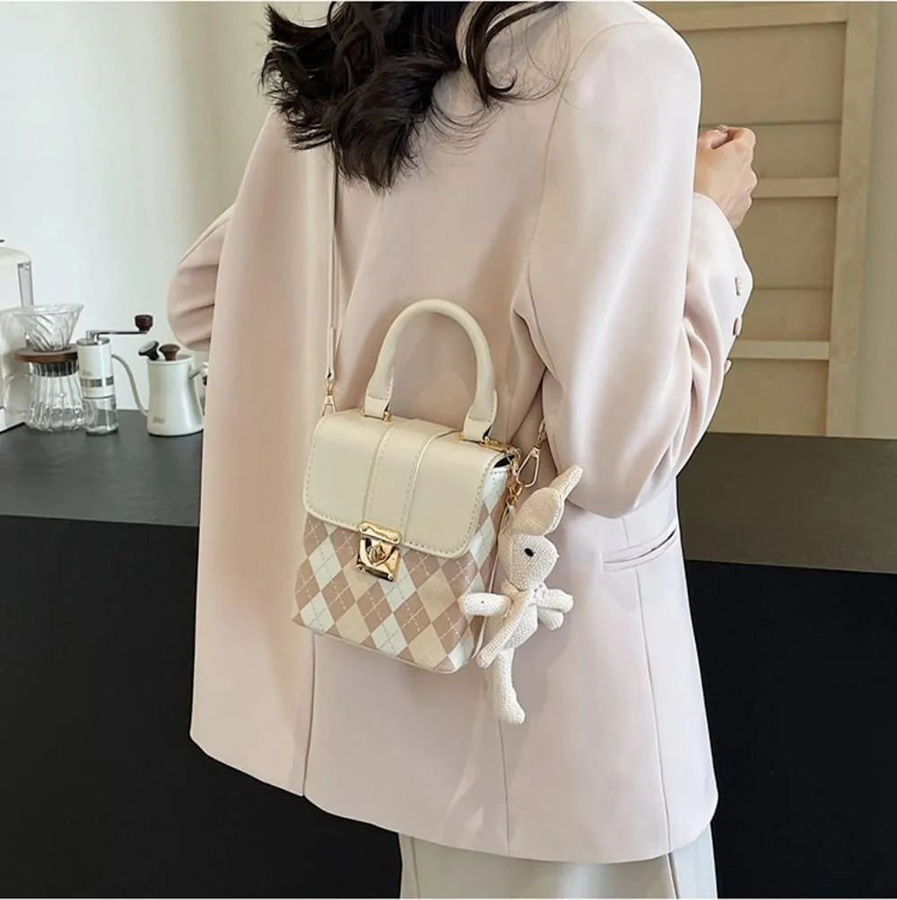 RTGGSEL Quilted Lattice Crossbody Shoulder Bags for Women Small Tote Square Satchel Handbags Purse with Bunny Doll Pendant