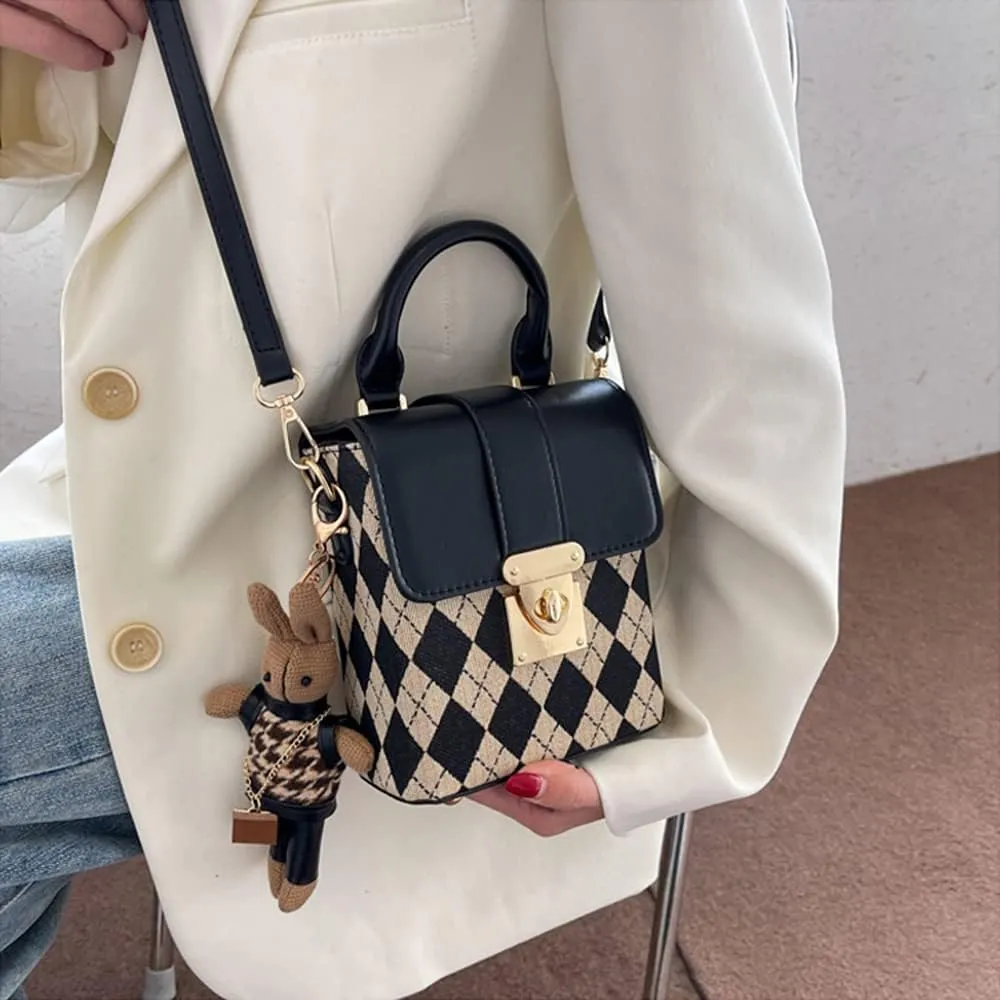 RTGGSEL Quilted Lattice Crossbody Shoulder Bags for Women Small Tote Square Satchel Handbags Purse with Bunny Doll Pendant