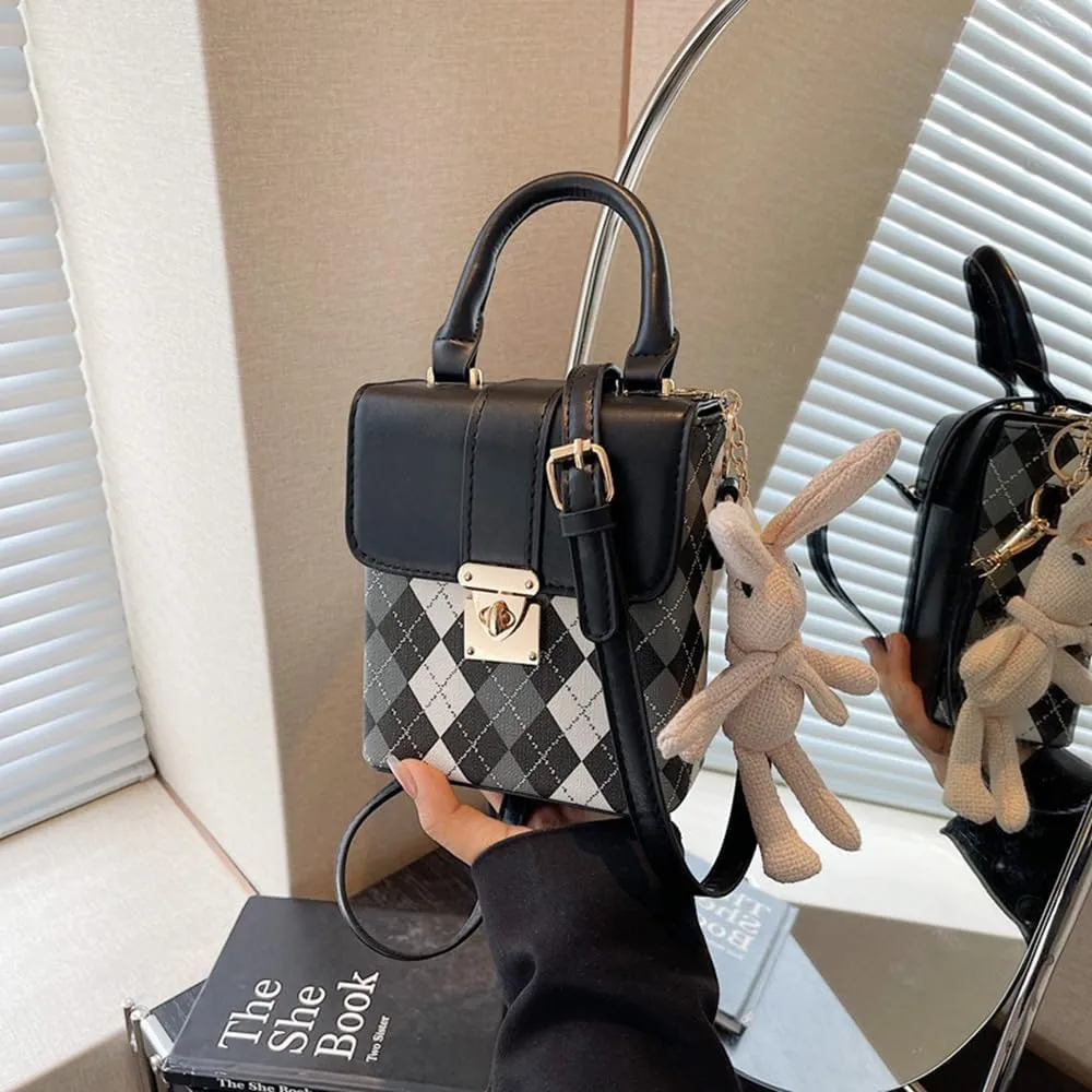 RTGGSEL Quilted Lattice Crossbody Shoulder Bags for Women Small Tote Square Satchel Handbags Purse with Bunny Doll Pendant