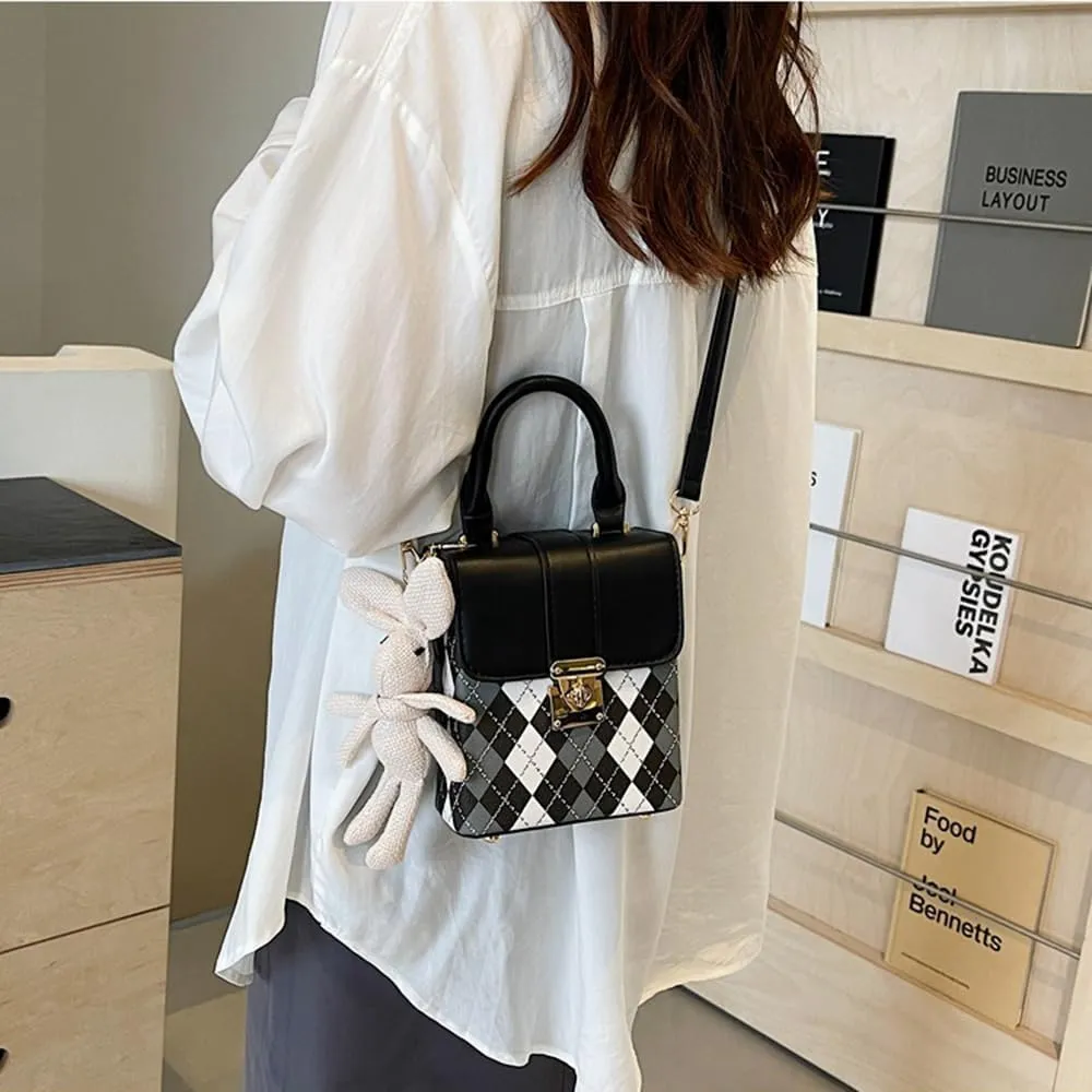 RTGGSEL Quilted Lattice Crossbody Shoulder Bags for Women Small Tote Square Satchel Handbags Purse with Bunny Doll Pendant