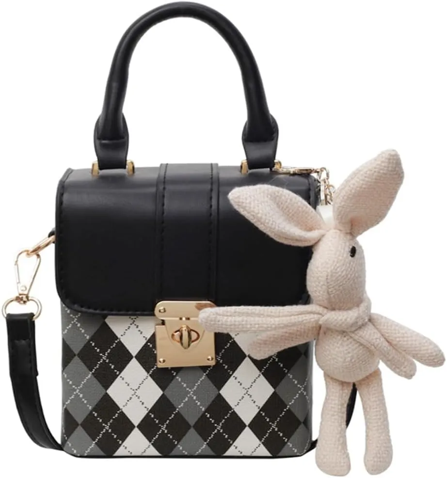 RTGGSEL Quilted Lattice Crossbody Shoulder Bags for Women Small Tote Square Satchel Handbags Purse with Bunny Doll Pendant