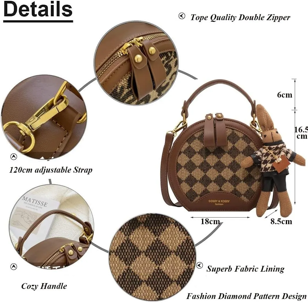 RTGGSEL Quilted Lattice Crossbody Shoulder Bags for Women Small Tote Square Satchel Handbags Purse with Bunny Doll Pendant
