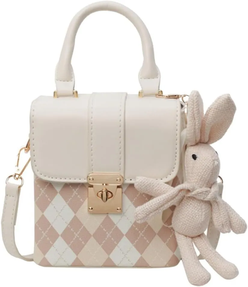 RTGGSEL Quilted Lattice Crossbody Shoulder Bags for Women Small Tote Square Satchel Handbags Purse with Bunny Doll Pendant