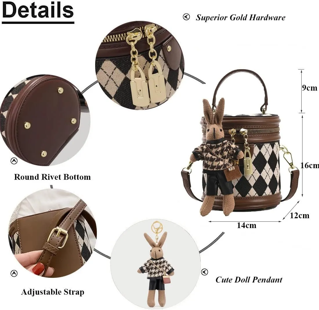 RTGGSEL Quilted Lattice Crossbody Shoulder Bags for Women Small Tote Square Satchel Handbags Purse with Bunny Doll Pendant