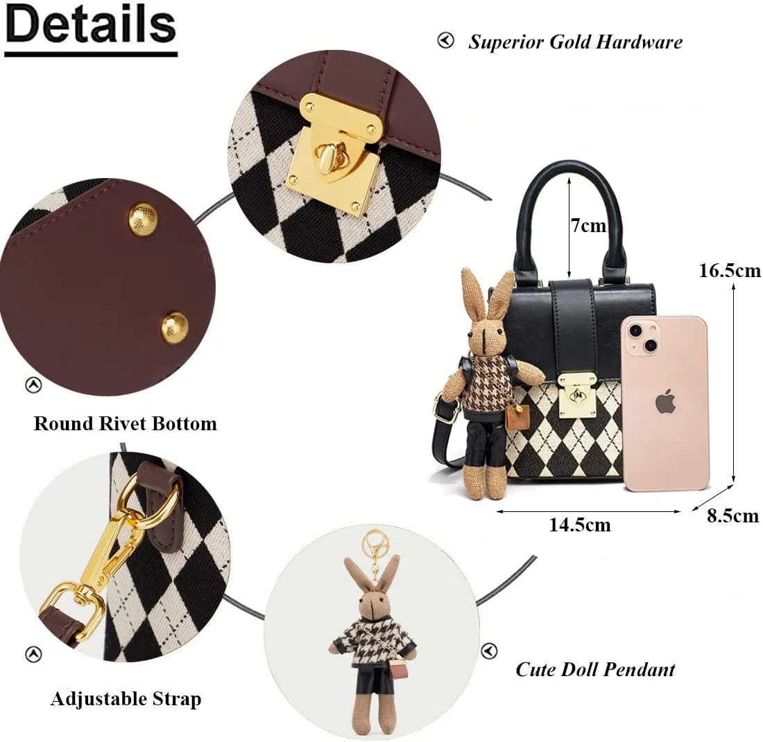 RTGGSEL Quilted Lattice Crossbody Shoulder Bags for Women Small Tote Square Satchel Handbags Purse with Bunny Doll Pendant