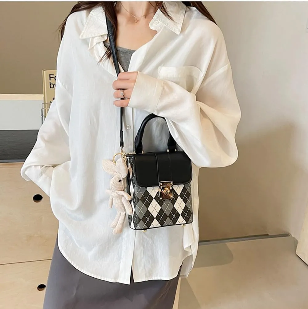 RTGGSEL Quilted Lattice Crossbody Shoulder Bags for Women Small Tote Square Satchel Handbags Purse with Bunny Doll Pendant