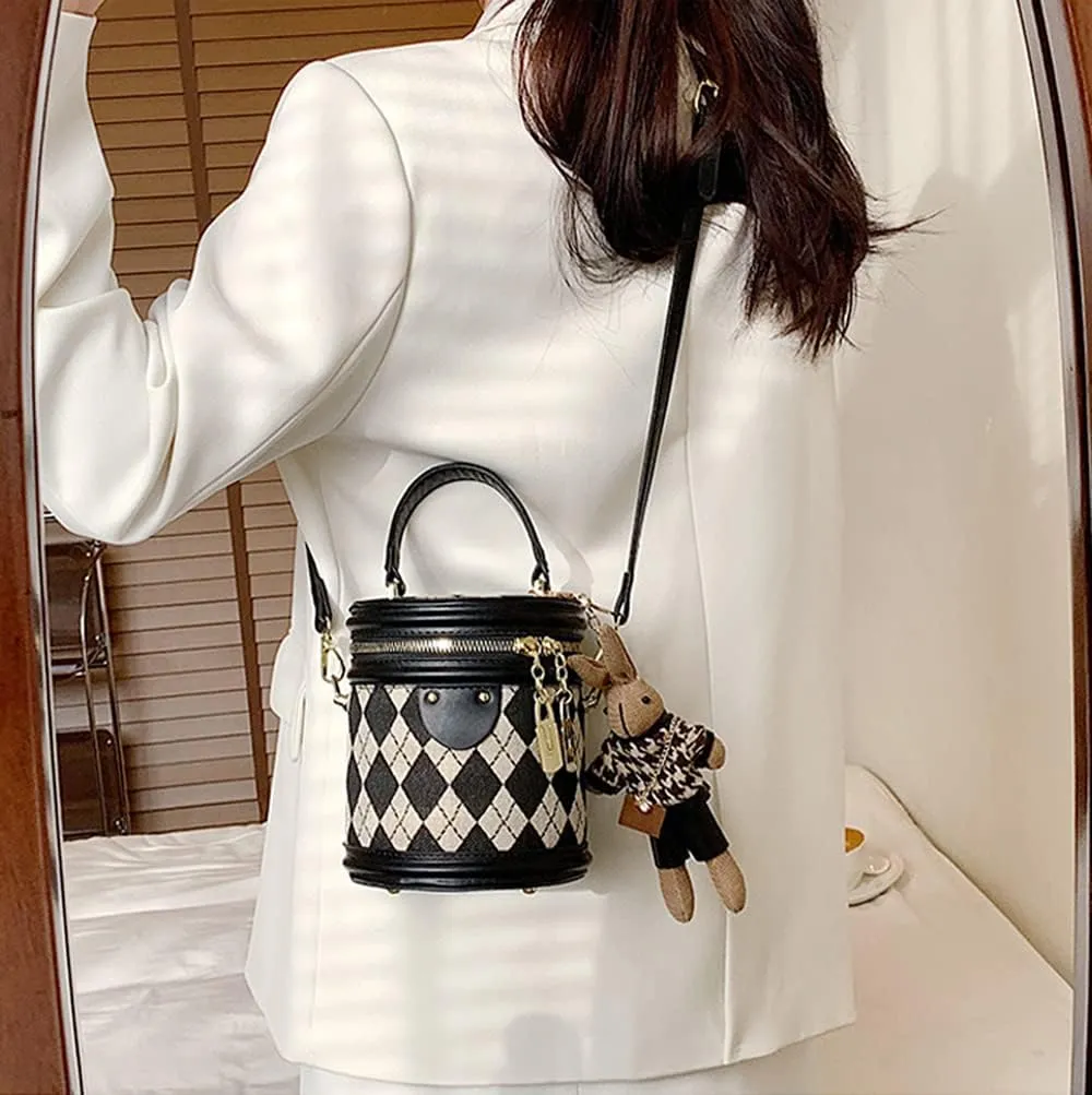 RTGGSEL Quilted Lattice Crossbody Shoulder Bags for Women Small Tote Square Satchel Handbags Purse with Bunny Doll Pendant