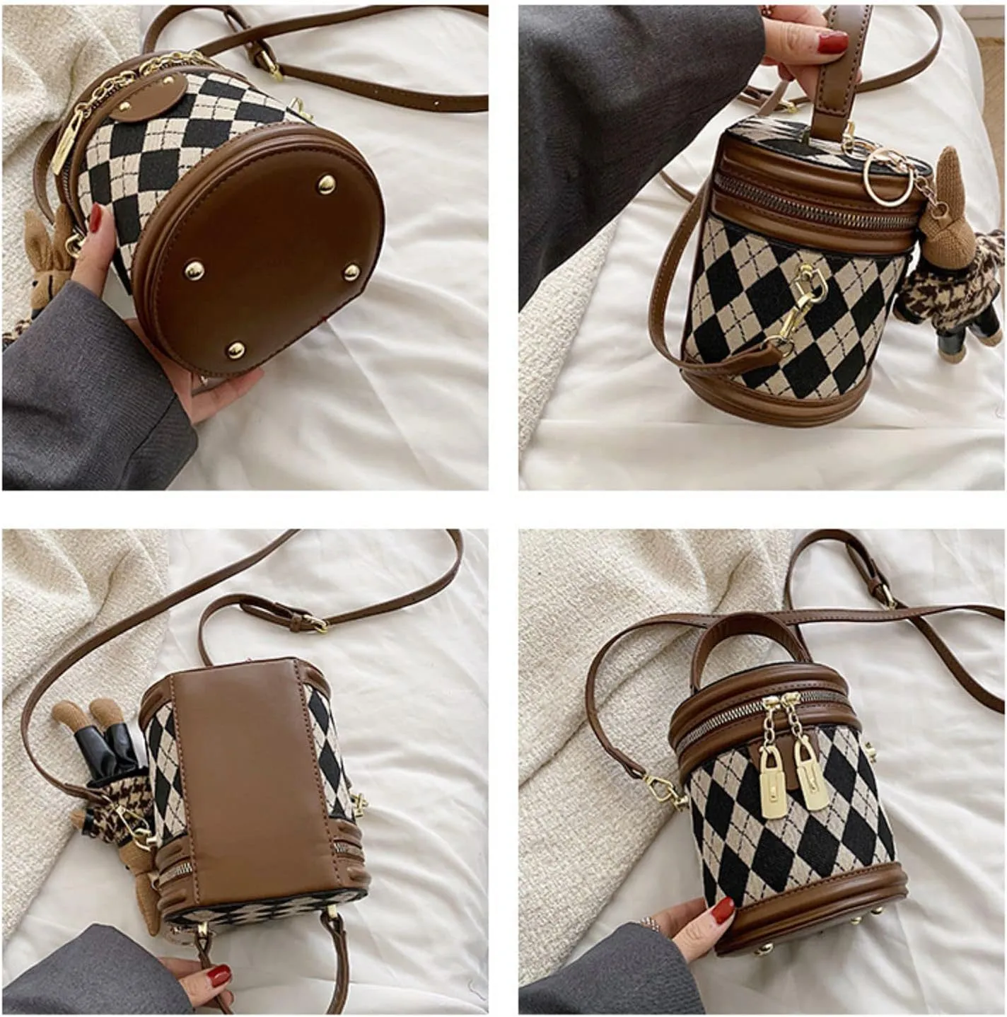 RTGGSEL Quilted Lattice Crossbody Shoulder Bags for Women Small Tote Square Satchel Handbags Purse with Bunny Doll Pendant