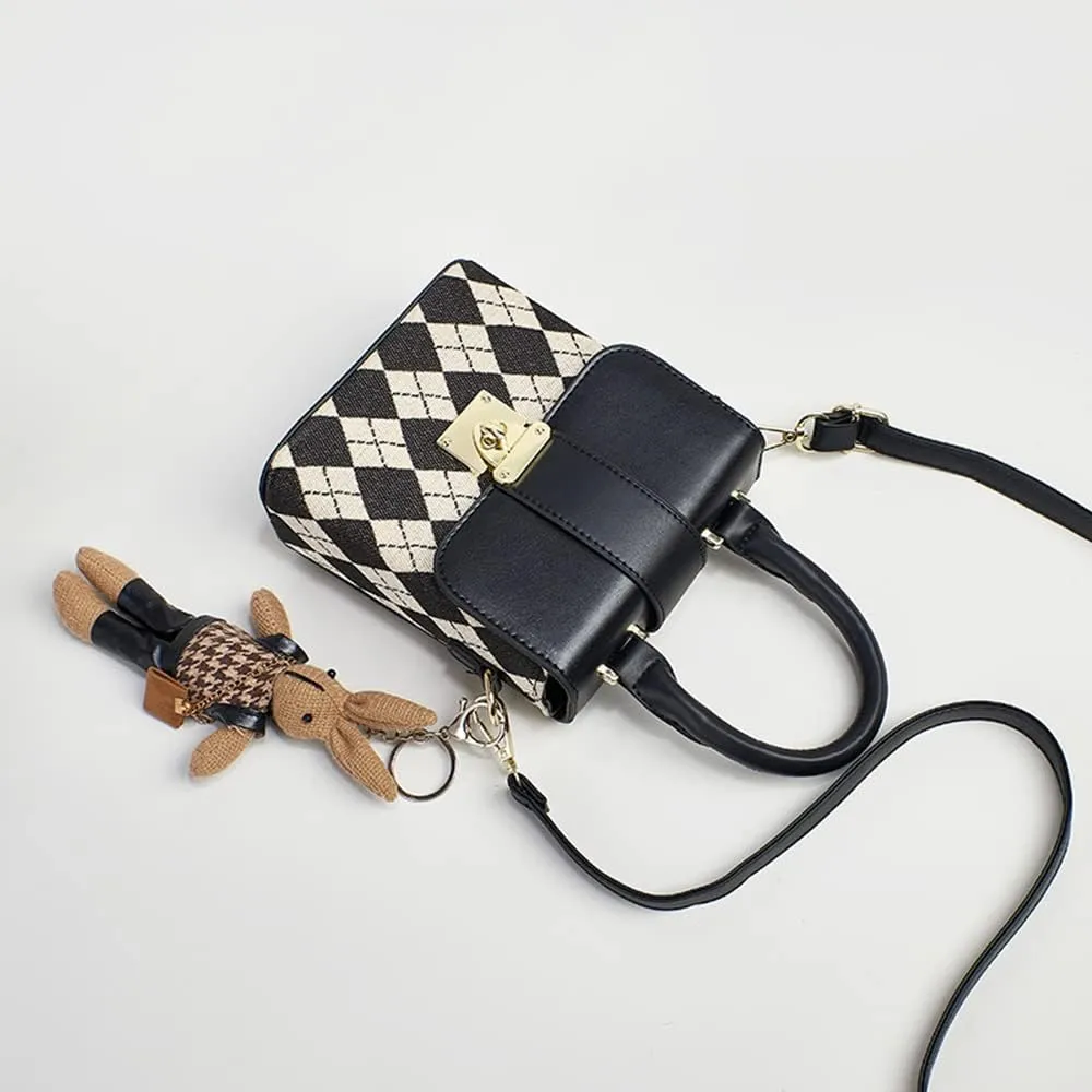 RTGGSEL Quilted Lattice Crossbody Shoulder Bags for Women Small Tote Square Satchel Handbags Purse with Bunny Doll Pendant