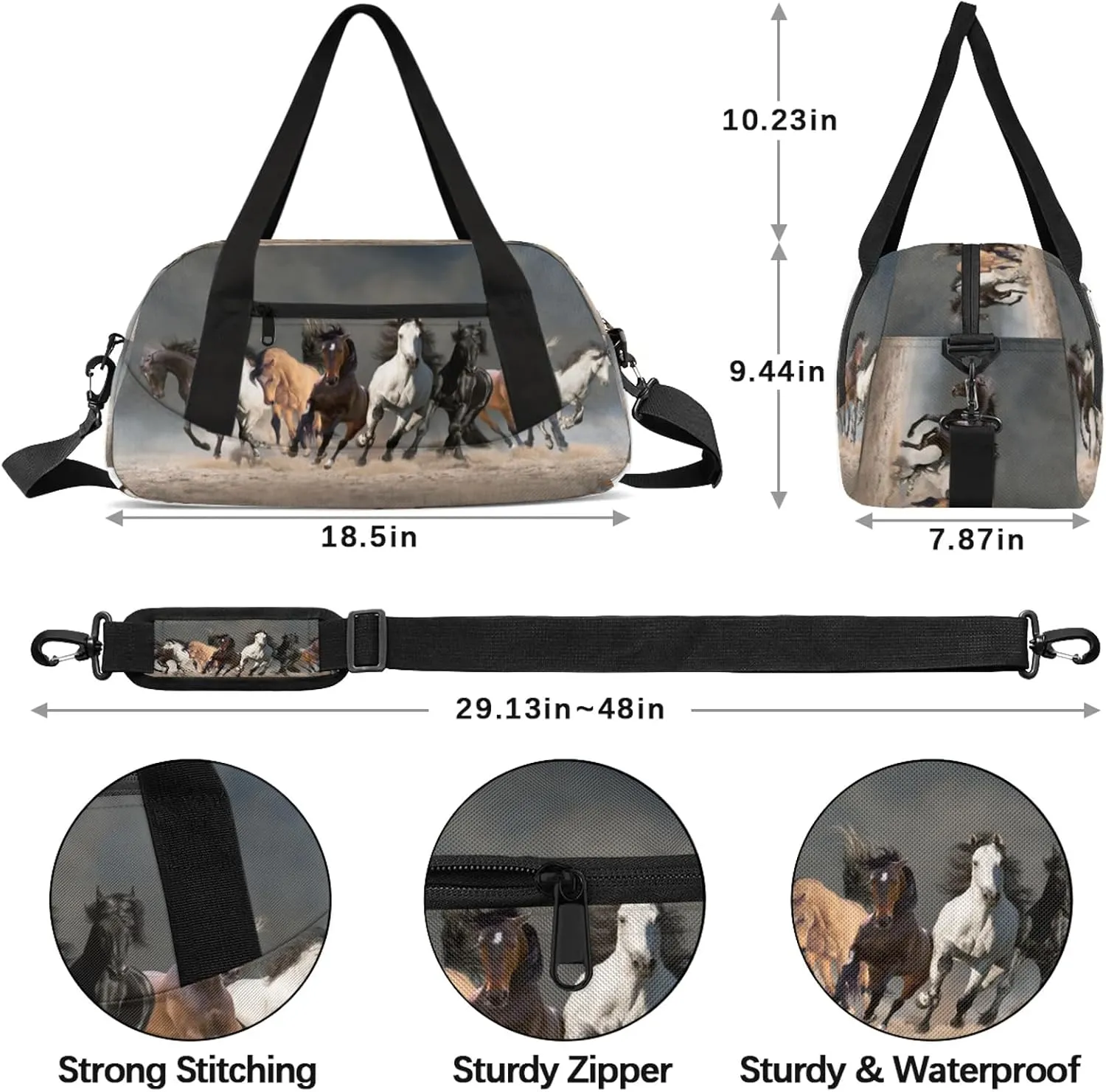Running Horse Kids Duffel Bag Lightweight Waterproof Sports Gym Bag with Front Zipper Pocket Foldable Weekender Overnight Bag for School Practice Gymnastic Ballet