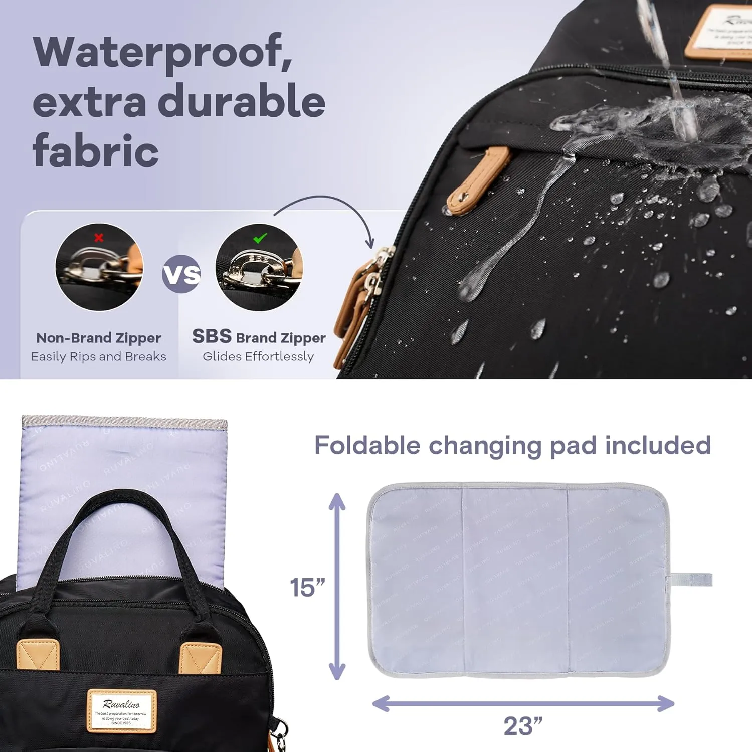 RUVALINO Diaper Bag Backpack, Multifunction Travel Pack Maternity Baby Changing Bags, Large Capacity, Waterproof, Black