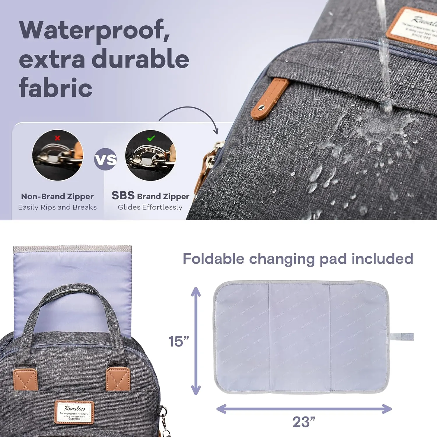 RUVALINO Diaper Bag Backpack, Multifunction Travel Pack Maternity Baby Changing Bags, Large Capacity, Waterproof, Dark Gray