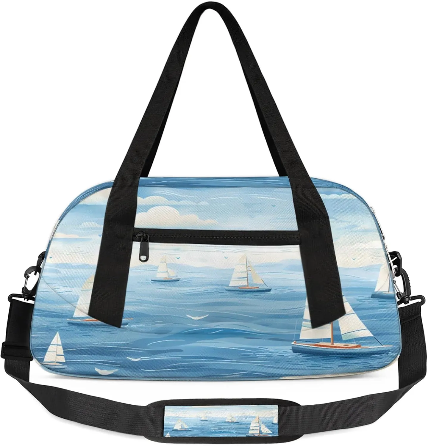 Sailboat Ocean Kids Duffel Bag Lightweight Waterproof Sports Gym Bag with Front Zipper Pocket Foldable Weekender Overnight Bag for School Practice Gymnastic Ballet