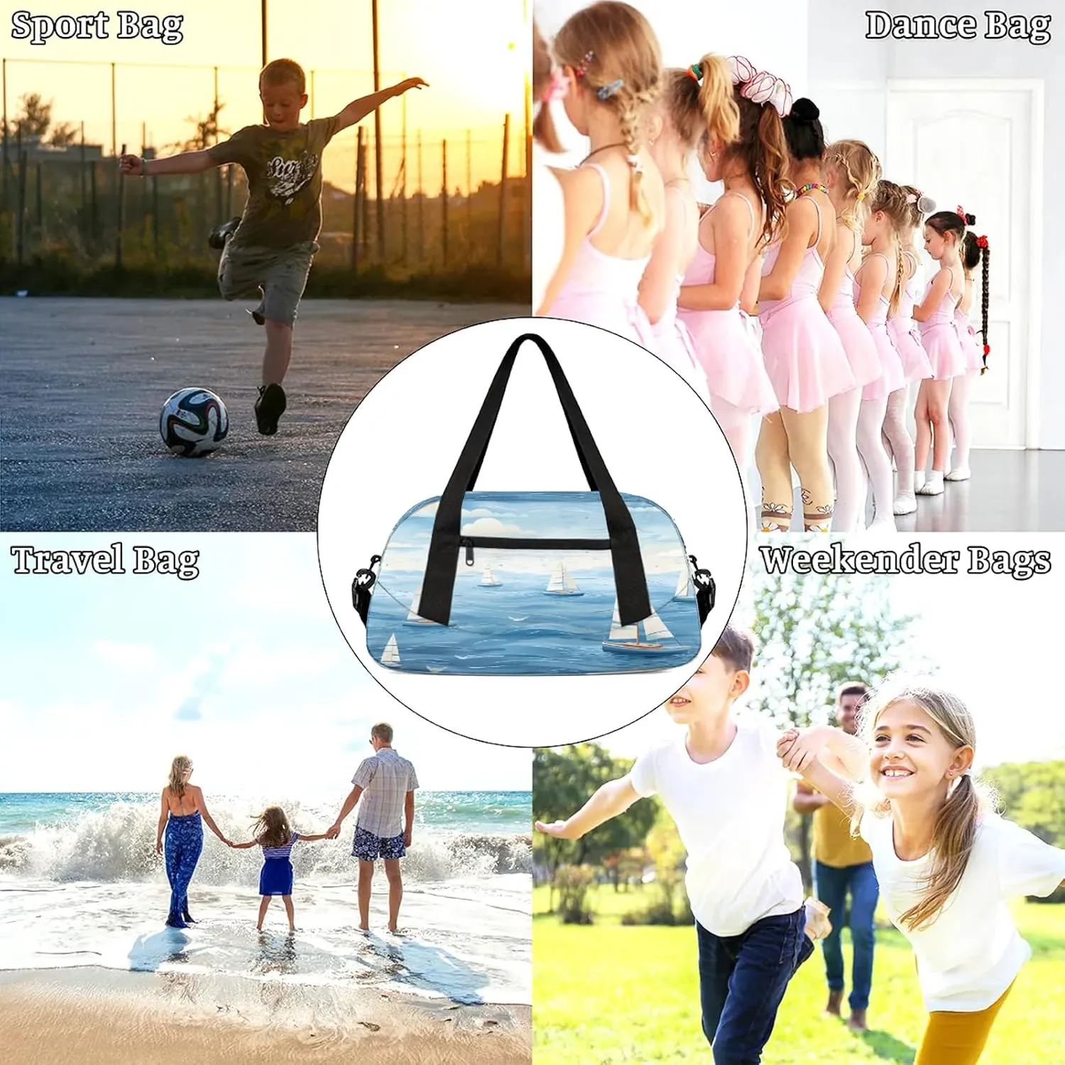 Sailboat Ocean Kids Duffel Bag Lightweight Waterproof Sports Gym Bag with Front Zipper Pocket Foldable Weekender Overnight Bag for School Practice Gymnastic Ballet