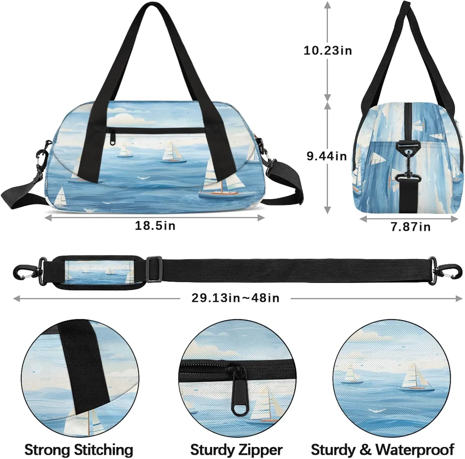 Sailboat Ocean Kids Duffel Bag Lightweight Waterproof Sports Gym Bag with Front Zipper Pocket Foldable Weekender Overnight Bag for School Practice Gymnastic Ballet