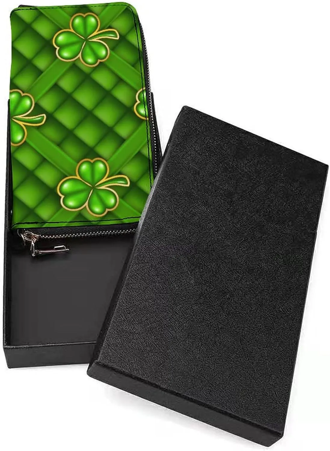 Saint Patrick's Day Lucky Green Shamrock Clover Four Leaf Checker Long Clutch Wallet, Long Handbag with Removable Wristlet Strap, PU Leather Zip Purse, Credit Pass Case Card-Holder for Men Women