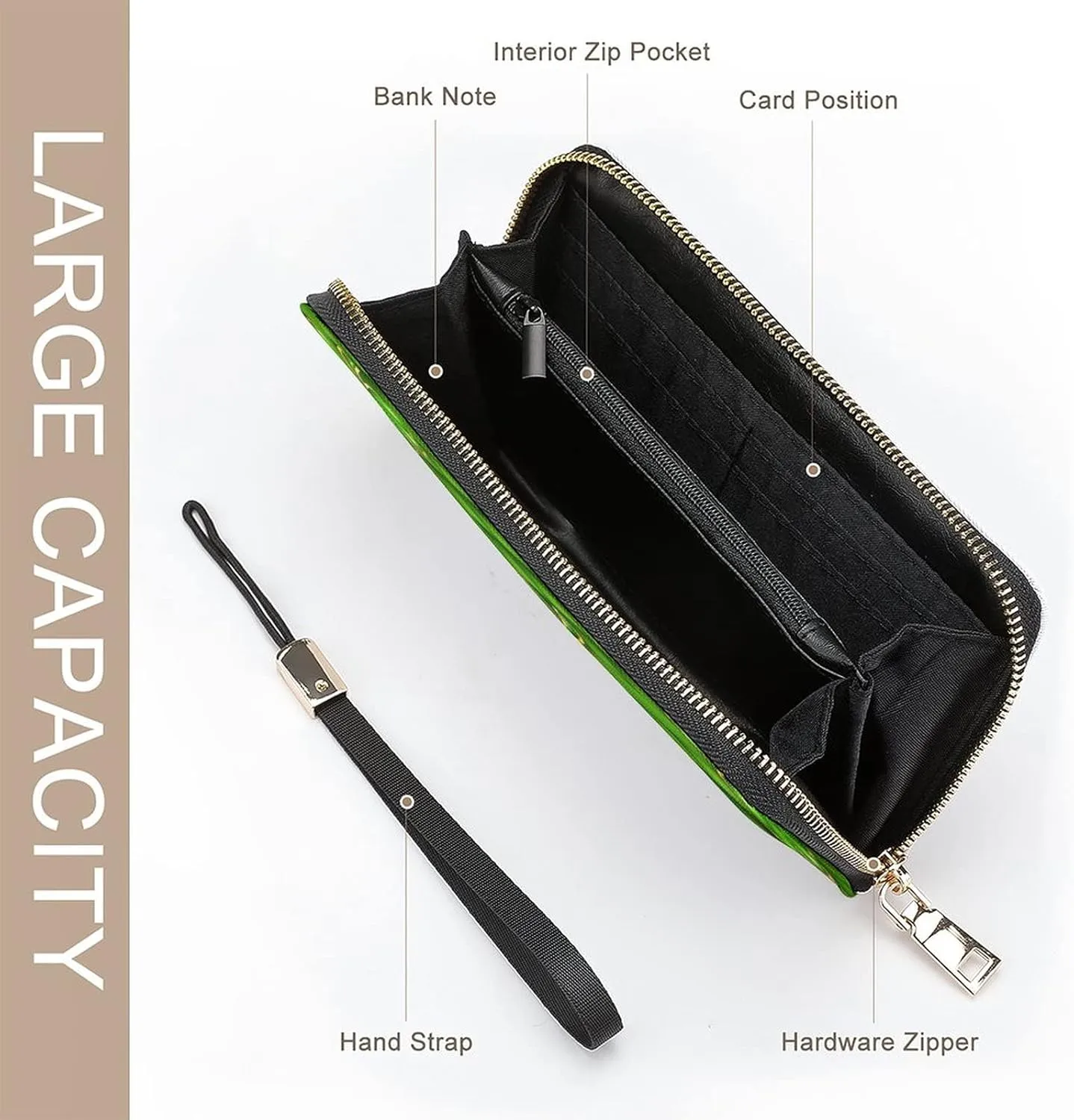 Saint Patrick's Day Lucky Green Shamrock Clover Four Leaf Checker Long Clutch Wallet, Long Handbag with Removable Wristlet Strap, PU Leather Zip Purse, Credit Pass Case Card-Holder for Men Women