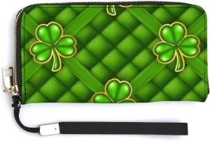 Saint Patrick's Day Lucky Green Shamrock Clover Four Leaf Checker Long Clutch Wallet, Long Handbag with Removable Wristlet Strap, PU Leather Zip Purse, Credit Pass Case Card-Holder for Men Women
