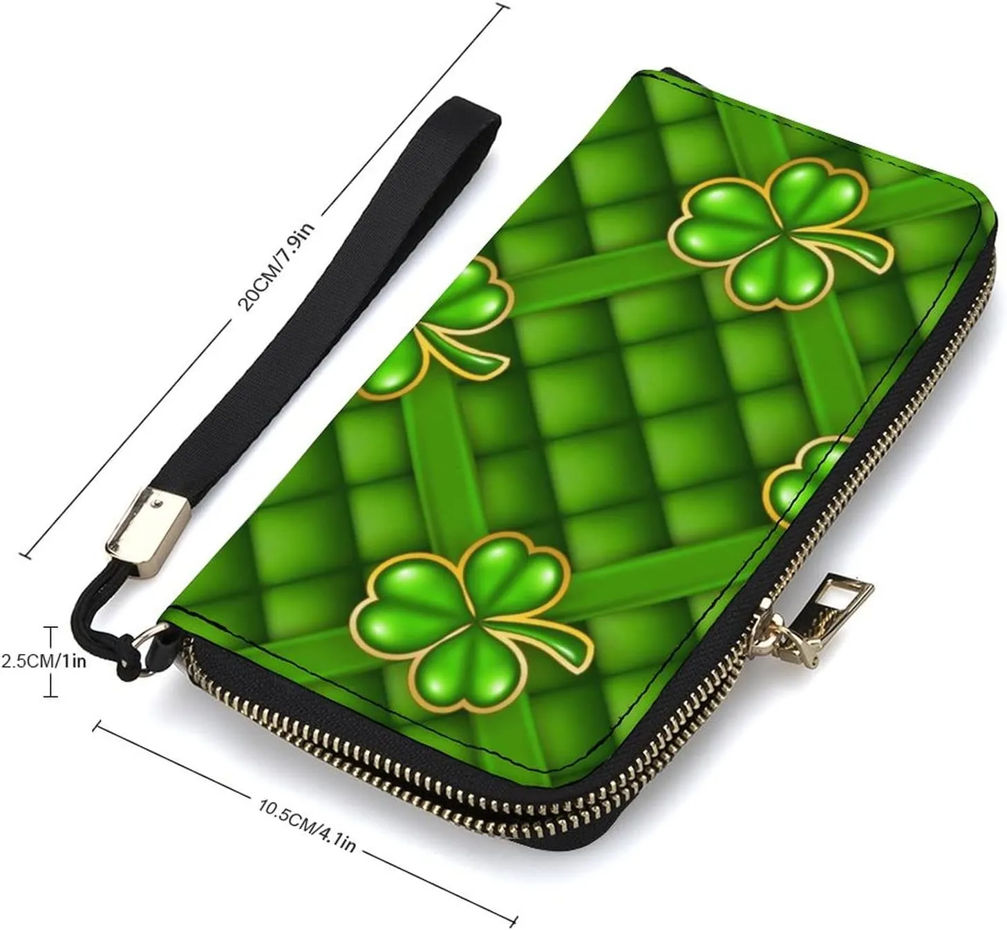 Saint Patrick's Day Lucky Green Shamrock Clover Four Leaf Checker Long Clutch Wallet, Long Handbag with Removable Wristlet Strap, PU Leather Zip Purse, Credit Pass Case Card-Holder for Men Women