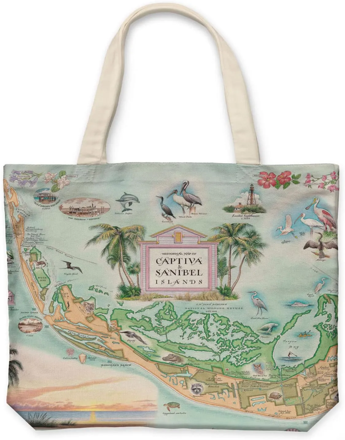Sanibel-Captiva Island map Canvas Tote Bag with Handles, Cloth Grocery Shopping Bag, Reusable & Eco-friendly Bag, 100% Cotton, Washable, 18 wide x 15 tall