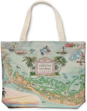 Sanibel-Captiva Island map Canvas Tote Bag with Handles, Cloth Grocery Shopping Bag, Reusable & Eco-friendly Bag, 100% Cotton, Washable, 18 wide x 15 tall