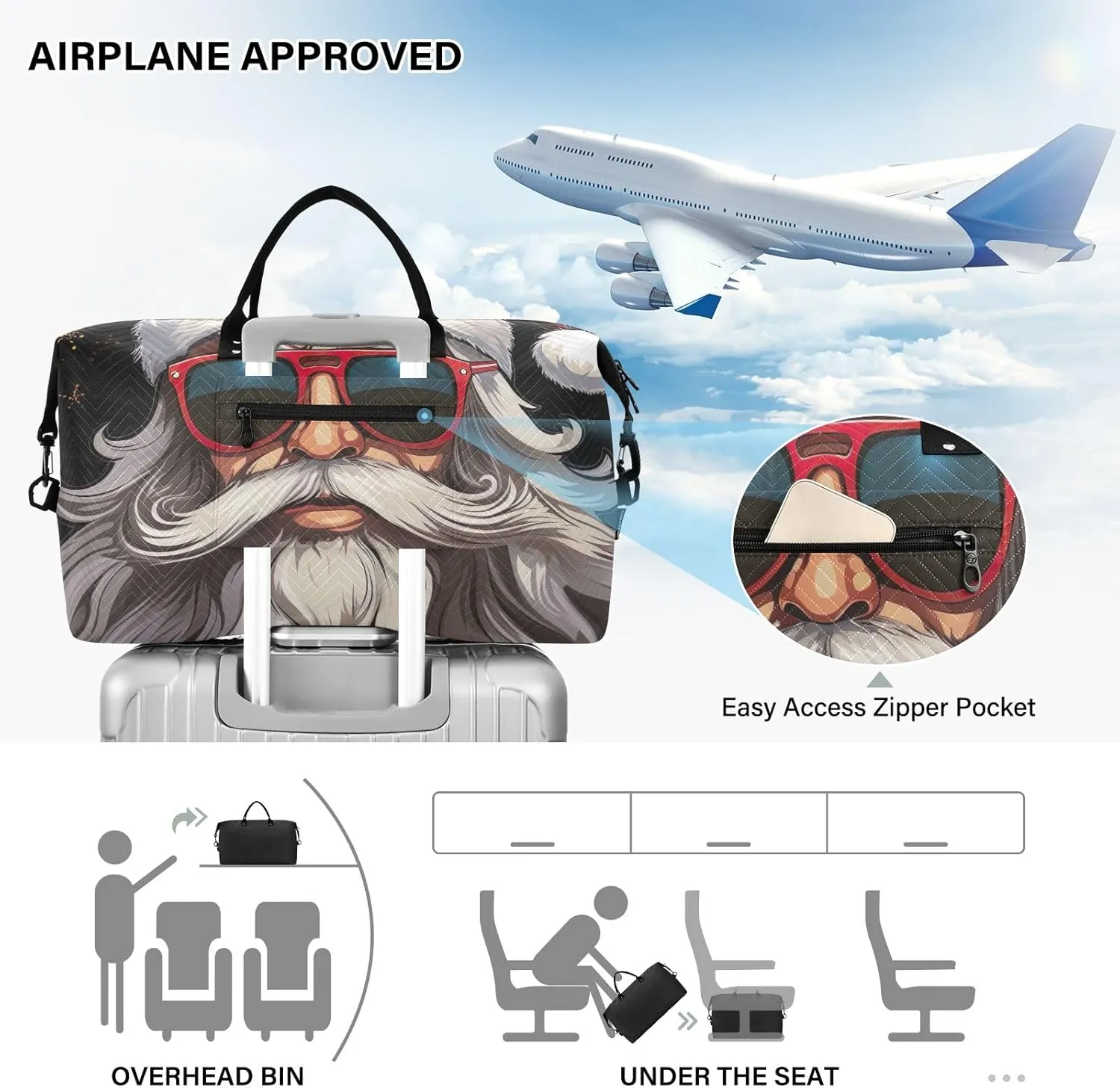 Santa Claus in Sunglasses on Black Duffel Bags Travel Duffle Bag Sports Duffel Bags Weekender Bags