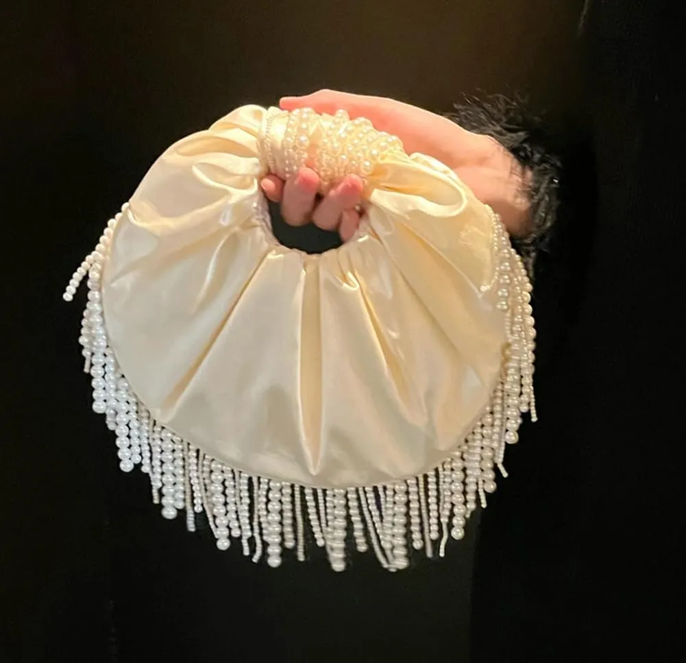 Satin Clutch Purses for Women Cloud Shape Pleated Evening Handbag Pearl Fringe Crescent Top Handle Evening Bags Wristlet