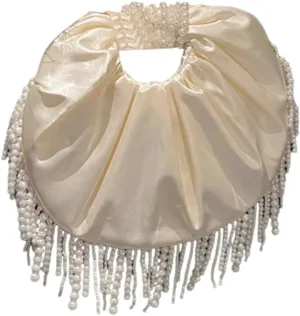 Satin Clutch Purses for Women Cloud Shape Pleated Evening Handbag Pearl Fringe Crescent Top Handle Evening Bags Wristlet