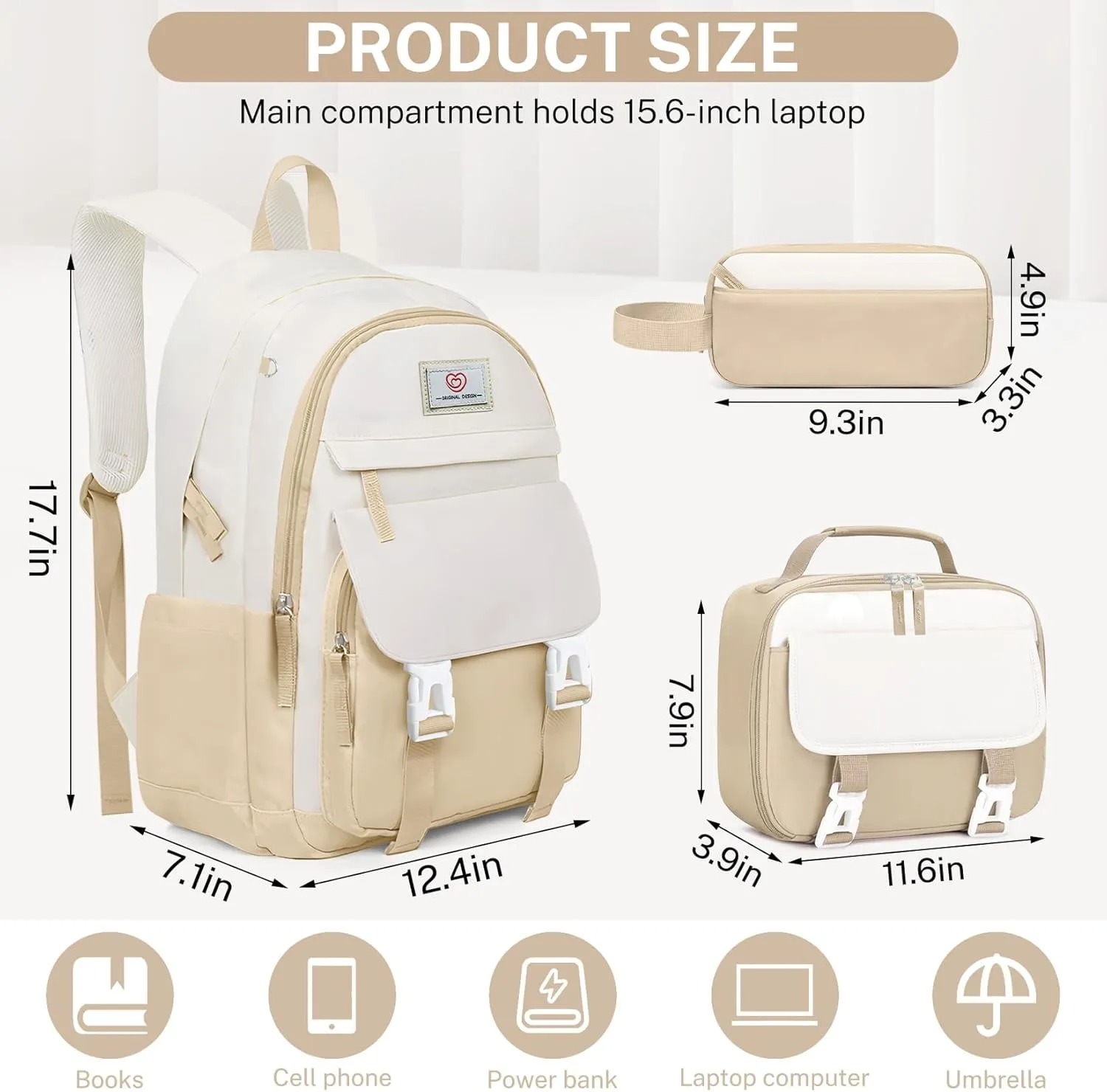 School Backpack for Girls - 4PCS Cute Girls Backpack with Lunch Box Set for Teens Women College, Middle & High School Bookbag Daypack with Aesthetic Design - 18″ Large Capacity (Age 12-25)
