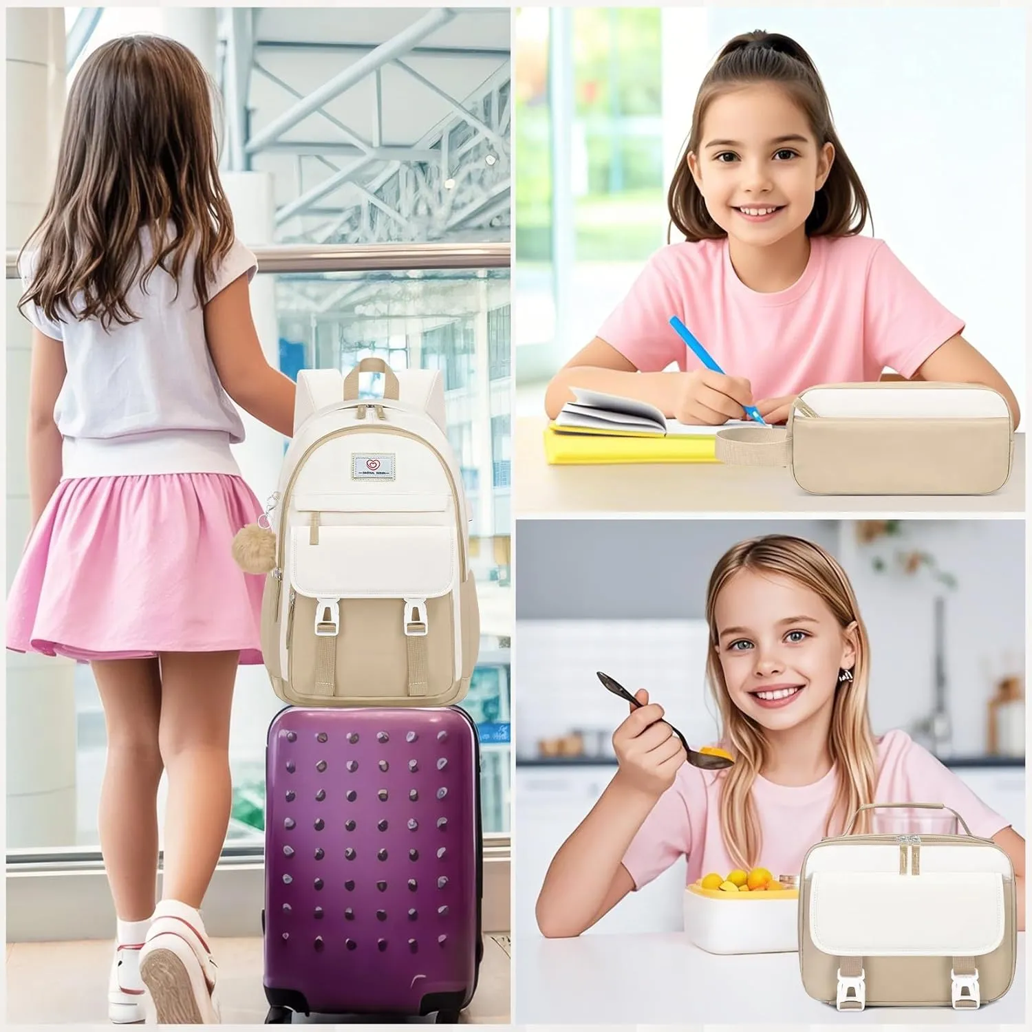School Backpack for Girls - 4PCS Cute Girls Backpack with Lunch Box Set for Teens Women College, Middle & High School Bookbag Daypack with Aesthetic Design - 18″ Large Capacity (Age 12-25)