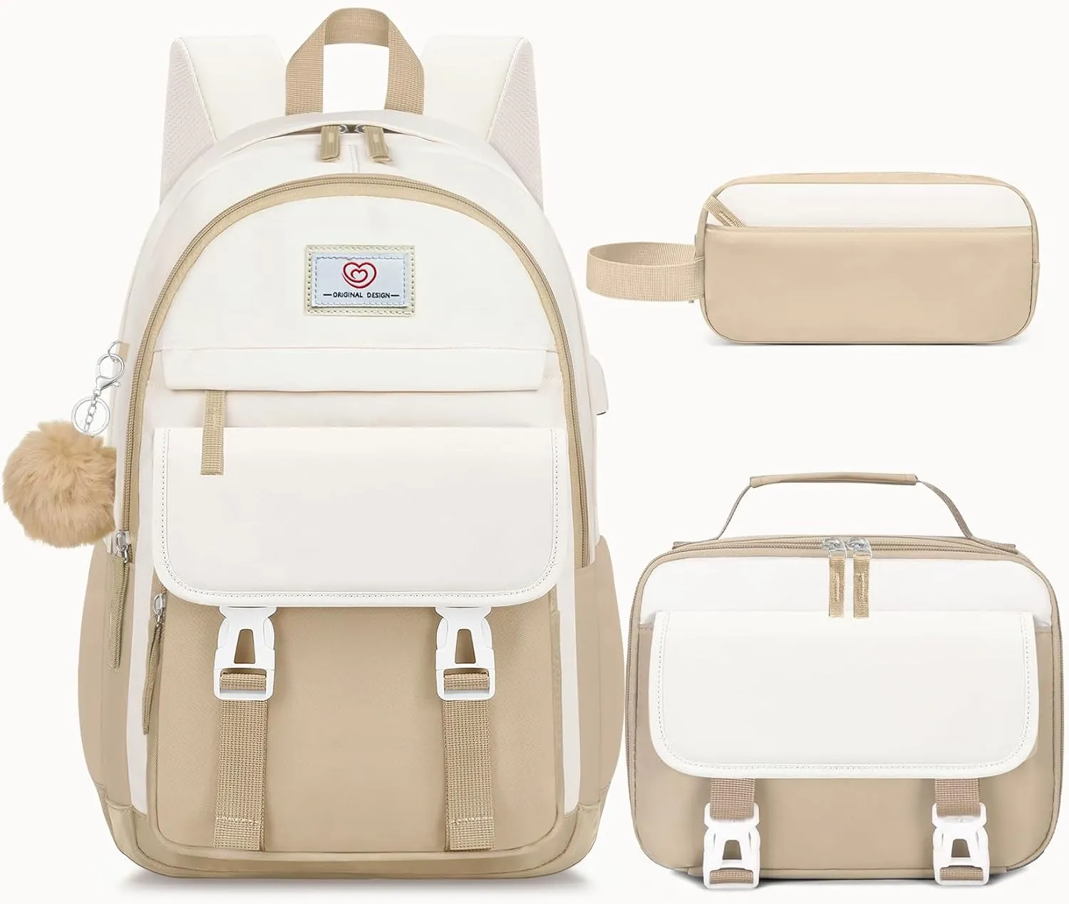 School Backpack for Girls - 4PCS Cute Girls Backpack with Lunch Box Set for Teens Women College, Middle & High School Bookbag Daypack with Aesthetic Design - 18″ Large Capacity (Age 12-25)