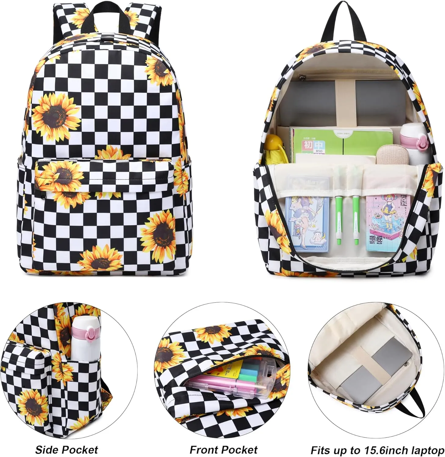 School Backpack for Girls Women, Teens School Bags Bookbags Ladies Laptop Backpacks (Checkered Sunflower)