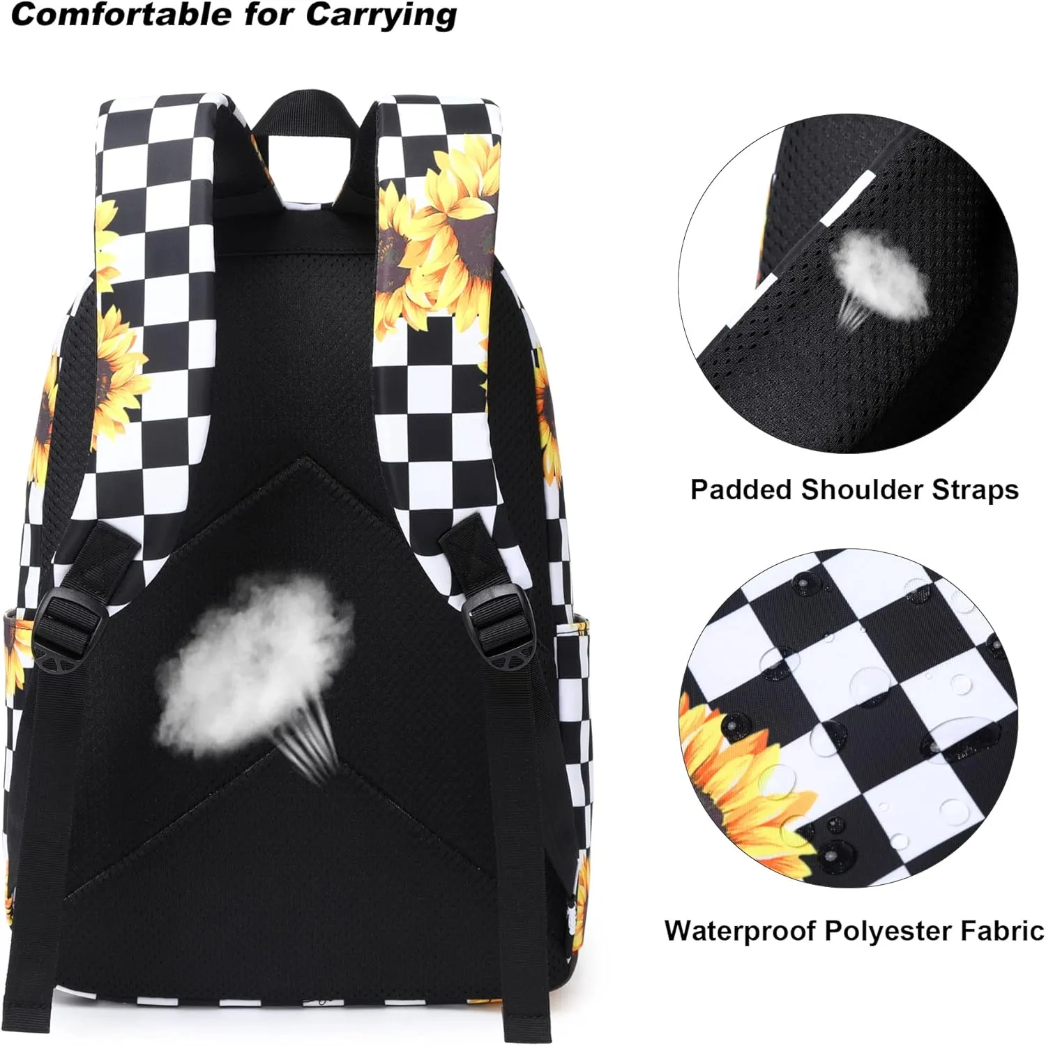 School Backpack for Girls Women, Teens School Bags Bookbags Ladies Laptop Backpacks (Checkered Sunflower)
