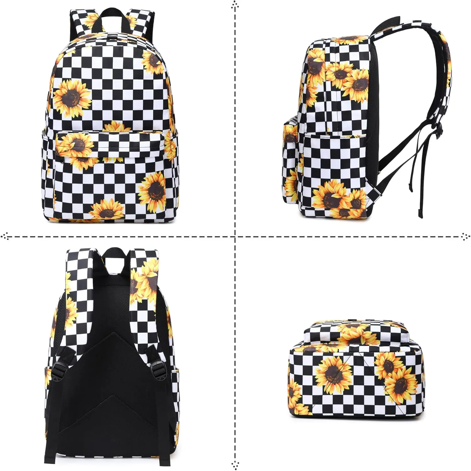 School Backpack for Girls Women, Teens School Bags Bookbags Ladies Laptop Backpacks (Checkered Sunflower)