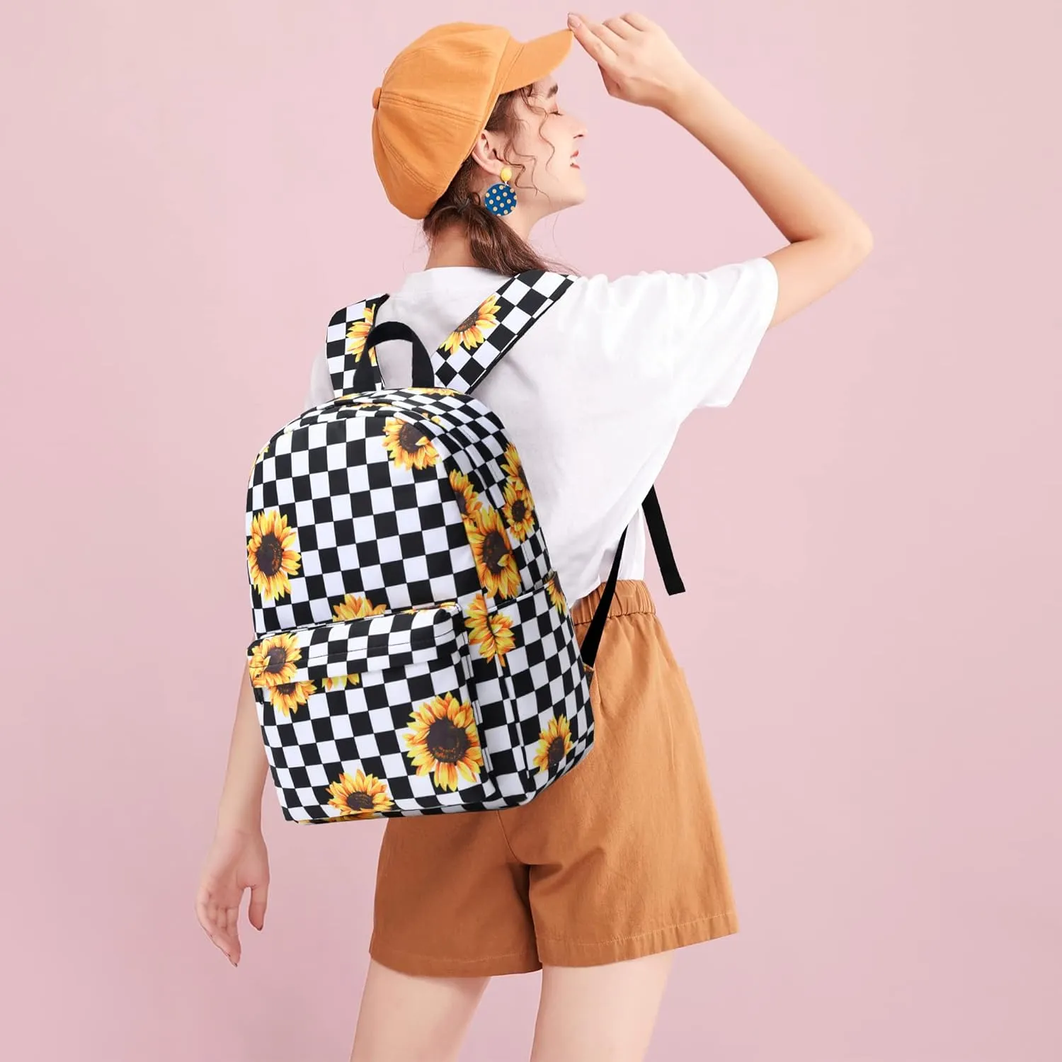 School Backpack for Girls Women, Teens School Bags Bookbags Ladies Laptop Backpacks (Checkered Sunflower)