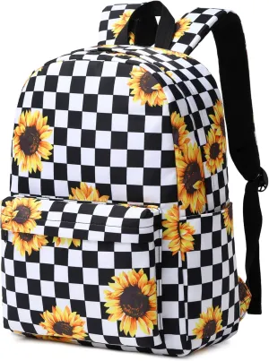 School Backpack for Girls Women, Teens School Bags Bookbags Ladies Laptop Backpacks (Checkered Sunflower)