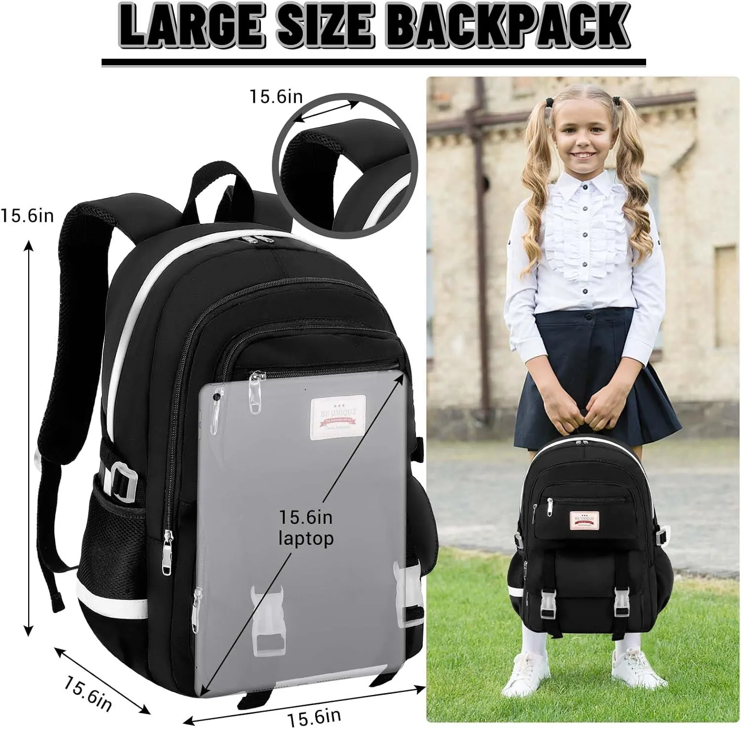 SCIONE School Backpacks for Teen Girls-Laptop Backpacks 15.6 Inch Primary Middle College Bookbag Travel Daypack Bags for Teens Girls Women Students-Black