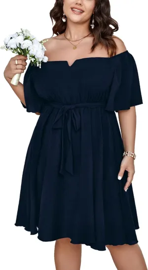 SCOMCHIC Womens Plus Size Cocktail Dress Summer Off Shoulder Short Sleeve Flowy Ruffle A-Line Cute Mini Dress with Belt
