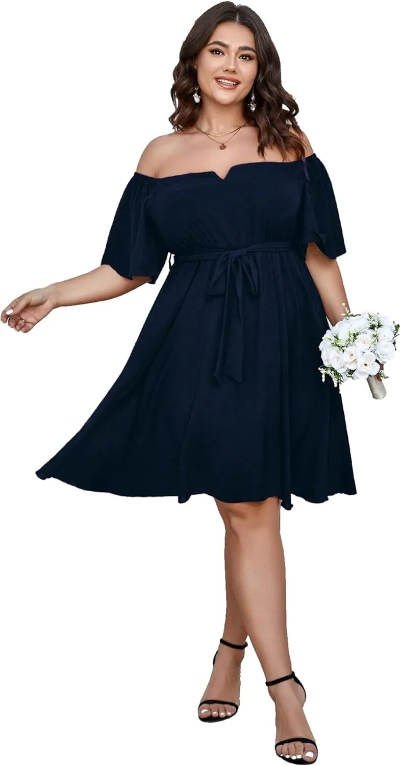 SCOMCHIC Womens Plus Size Cocktail Dress Summer Off Shoulder Short Sleeve Flowy Ruffle A-Line Cute Mini Dress with Belt
