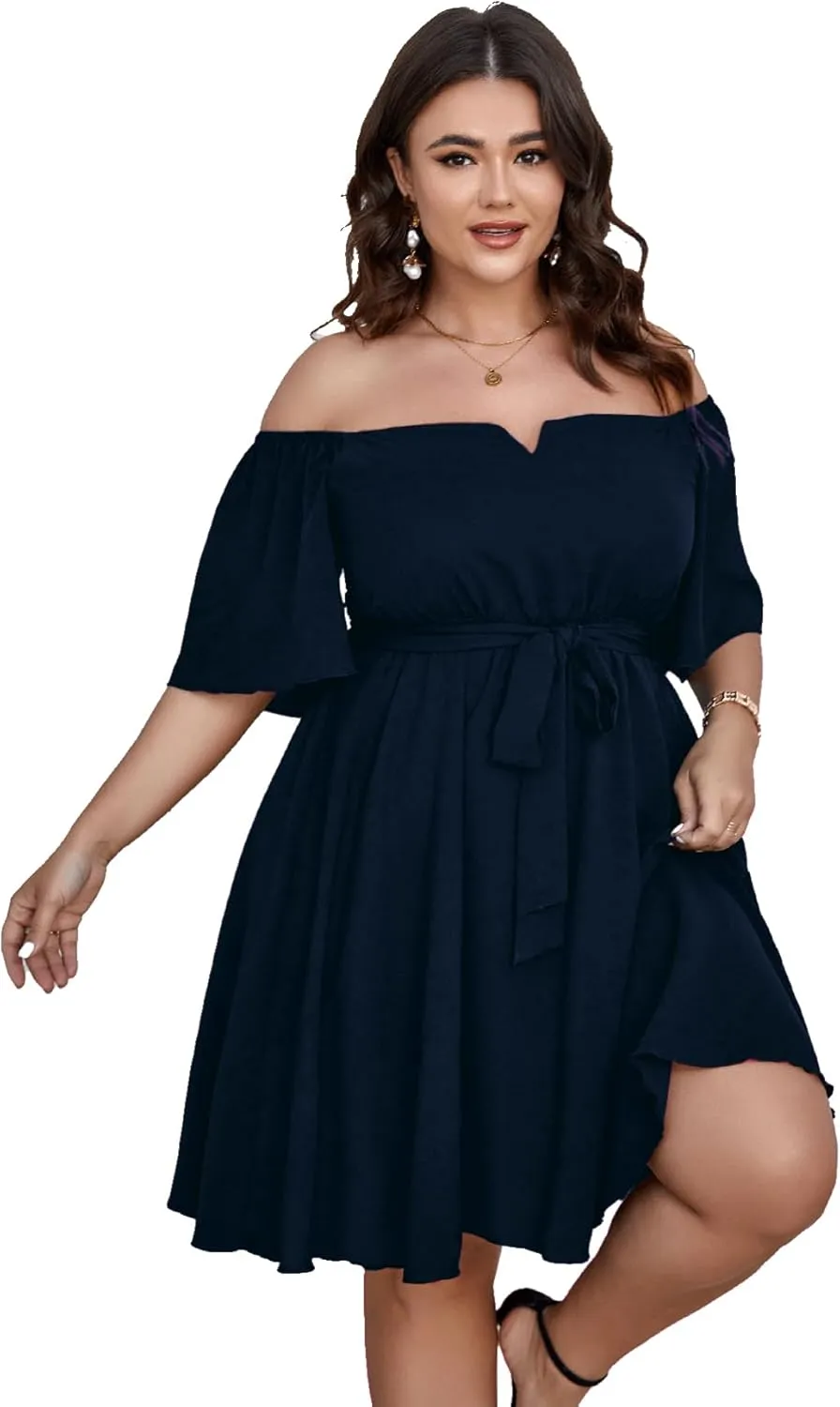 SCOMCHIC Womens Plus Size Cocktail Dress Summer Off Shoulder Short Sleeve Flowy Ruffle A-Line Cute Mini Dress with Belt